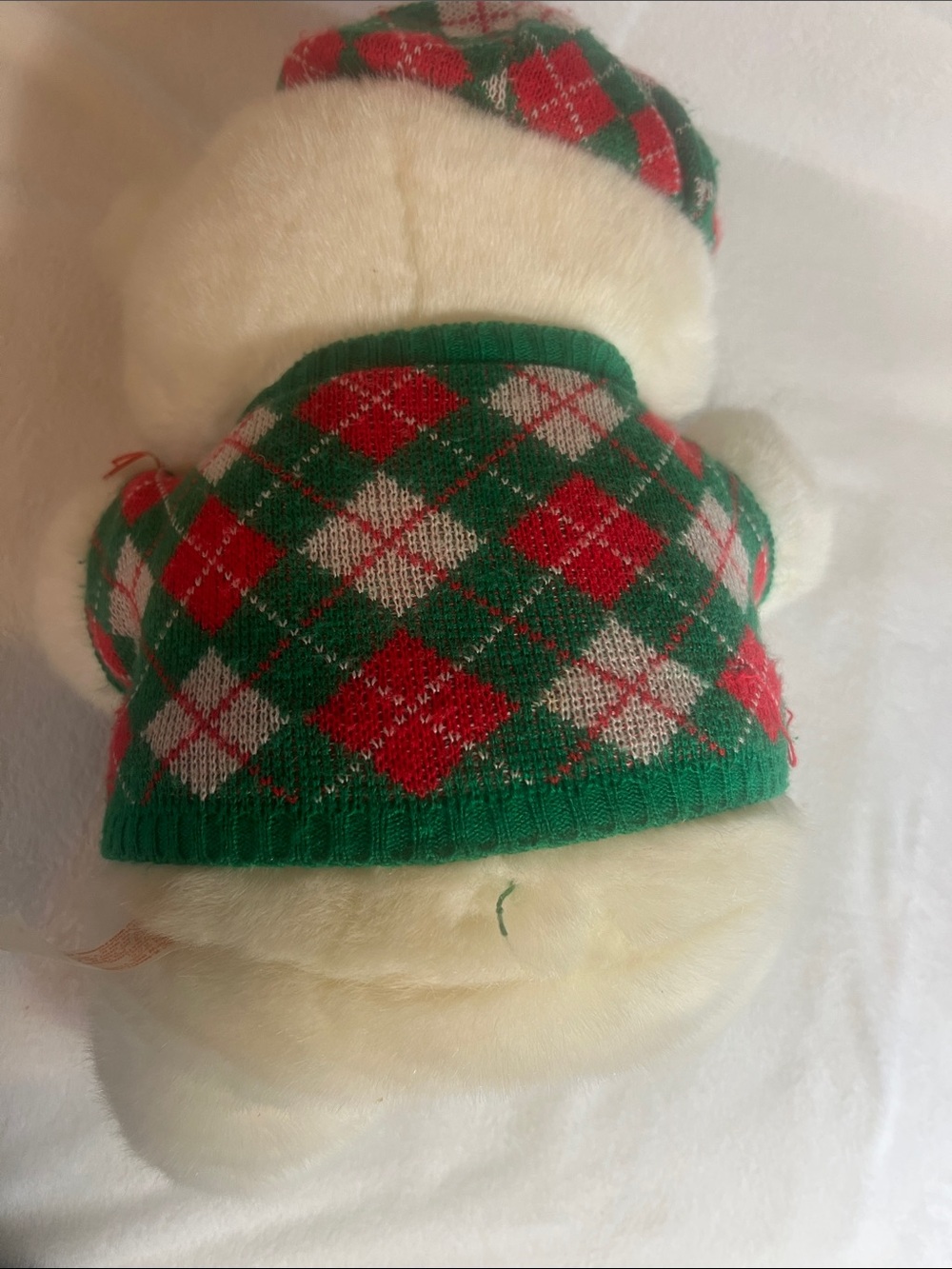 Plush white SantaBear 1990 KMart has tags red green argyle sweater Holiday Bear - Picture 7 of 11